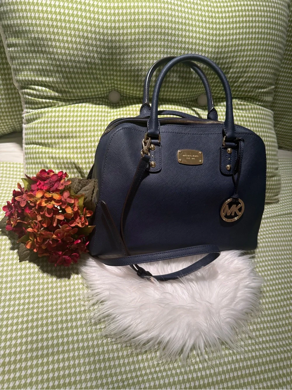 Michael Kors Navy Saffiano Dome Satchel with Gold Hardware